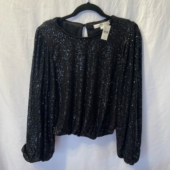 Anthropologie Flat White Plus Size 1x Black Sequin Long Sleeve Cropped Blouse - Picture 1 of 15